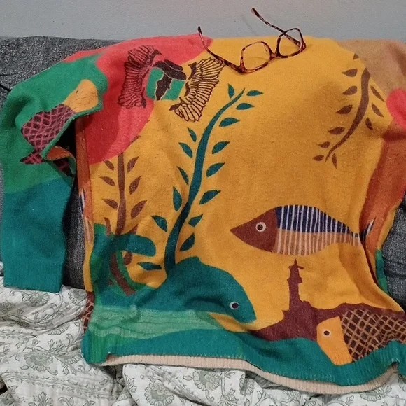 YESNO Womens Artsy Novelty Graphic Fish Ocean Life Wool Blend Pullover Sweater - Picture 1 of 8